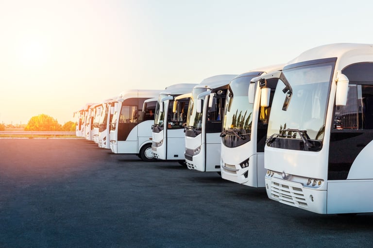 Tourist buses at sunset