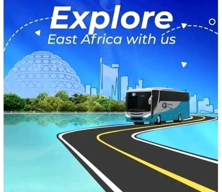 Travel poster advertising East Africa tours featuring a tour bus on a curved road with a geodesic dome and cityscape skyline background