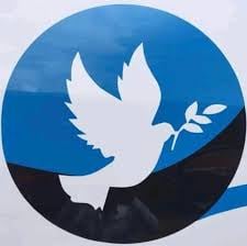 White dove silhouette with olive branch on blue and black circular background, symbolizing peace